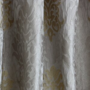 ORABELA - Arany, ezüst hímzett mintás vászon, dekor sötétítő függönyanyag, 140 cm, barokk mintás, fehér