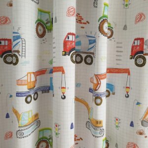 TWISTER TRUCK DOODLE -Teherautóval, traktorral, daruval, betonkeverővel díszített, gyerek dekor függönyt, 140 cm, kockás, világos alap
